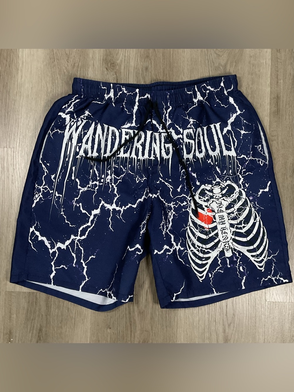 ROMWE Navy Blue Lightning Graphic Swim Shorts with Ribcage Print